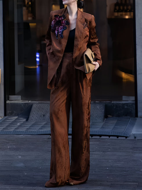 Quiet Luxury Suit Set – Premium Retro Jacquard & Beaded Wide-Leg Two-Piece