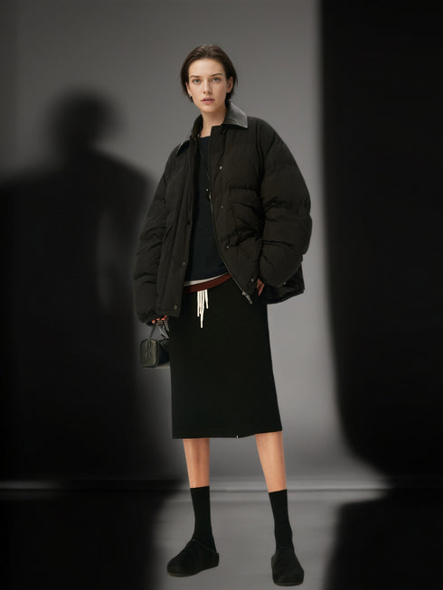 95% White Goose Down Lightweight Puffer Jacket for Women with Leather-Trim Collar and Relaxed MIU-Inspired Design