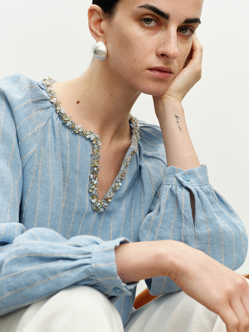 Luxury Linen Striped Shirt – Handcrafted Loose Fit Casual Shirt with Gold Glitter Collar for Women