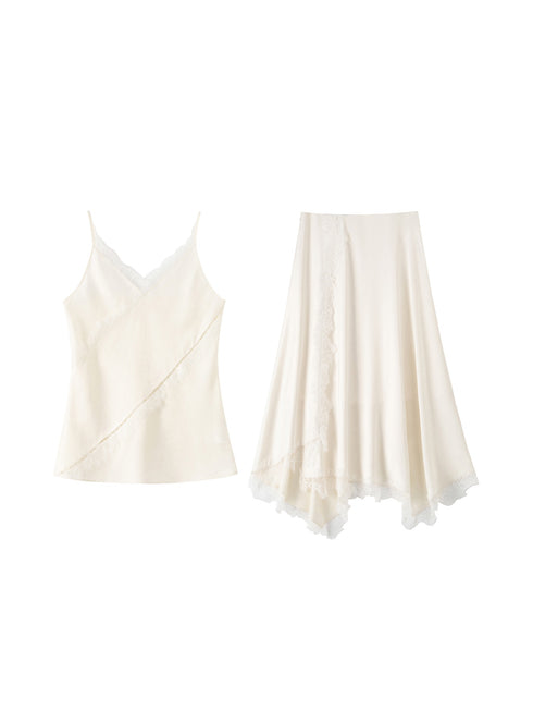 Smooth Satin Weave French Lace Trim Asymmetric Cut Cami Top / Skirt Set