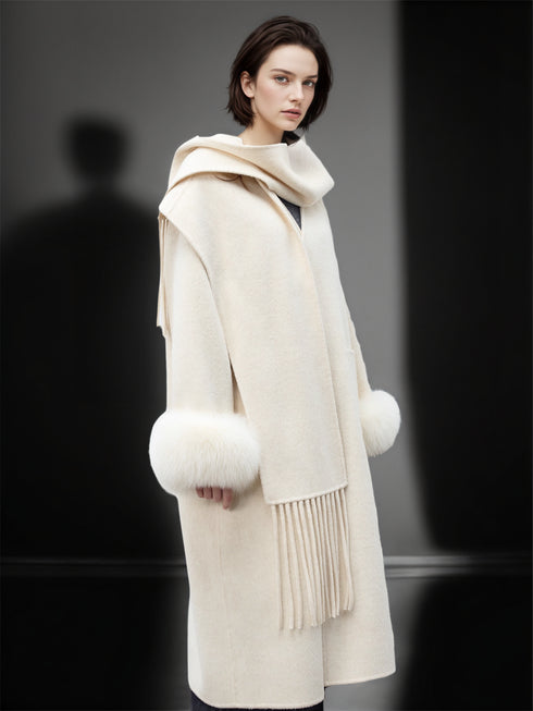 Women’s Long Double-Faced Wool Coat with Fox Fur Cuffs and Fringe Scarf | Fall Winter Overcoat