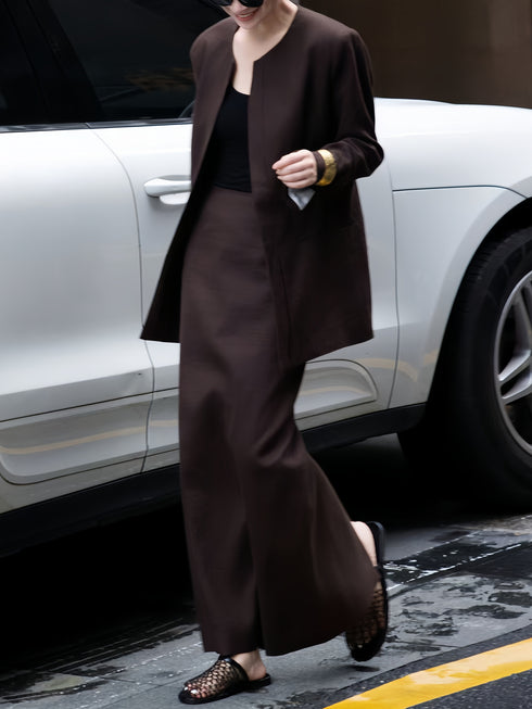 Autumn Old Money Style Set – 100% Linen Round-Neck Blazer & Midi Skirt Two-Piece