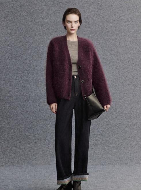 Brushed Merino Wool Knit Sweater | Minimalist Relaxed-Fit Brushed Short Jacket for Women