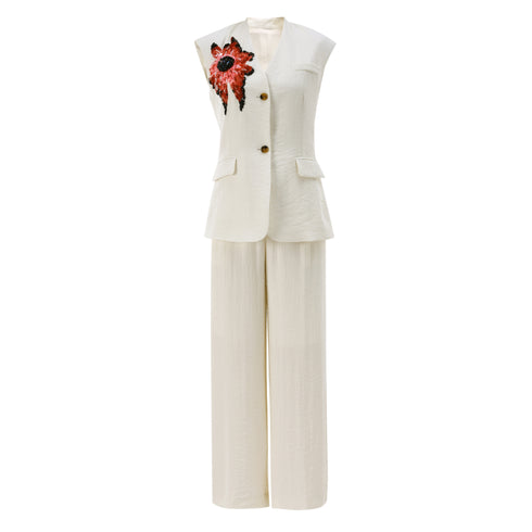 Women’s Embroidered Two-Piece Set – Sleeveless Top & Wide-Leg Pants, Elegant Old Money Style