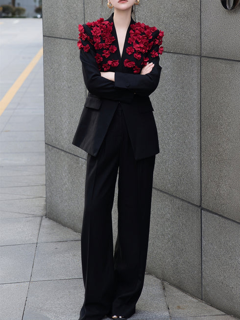 Premium Autumn Blazer Set – 3D Cherry Blossom Jacket with Formal Pants