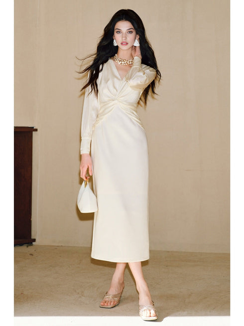 Shimmer Crinkle Satin & Stretch Hemp Blend V-Neck Knot Waist Slim Fit Dress