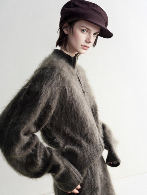 Luxury Brushed 100% Cashmere Stand-Collar Zip-Up Cardigan | Soft Fleece-Like Knit Sweater for Women