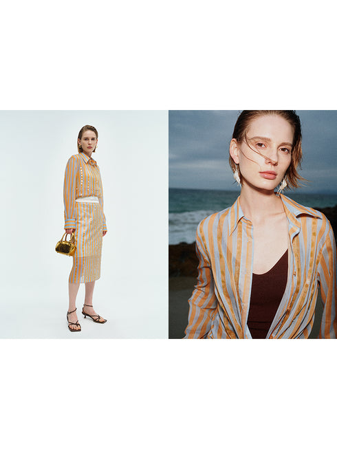 Ultra-Light 75D Chiffon Sequin-Striped Shirt & Skirt Set | Chic Work-to-Vacation Women's Outfit