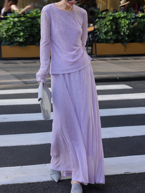 Early Autumn Violet Wool Set – Textured Tweed Top & Skirt Two-Piece