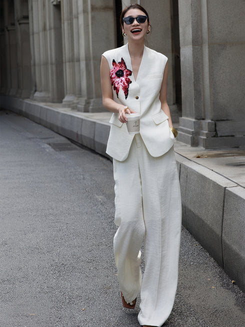 Women’s Embroidered Two-Piece Set – Sleeveless Top & Wide-Leg Pants, Elegant Old Money Style