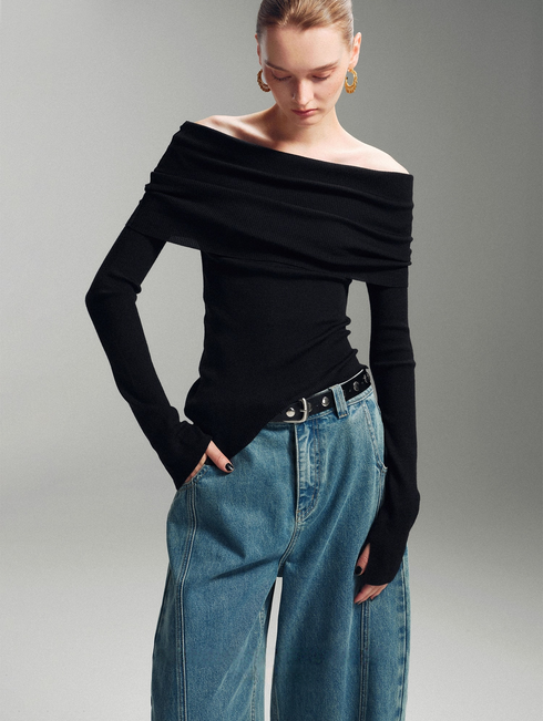 Pure Wool Fine-Rib Off-Shoulder Drape Neck Knit Top for Women – Elegant Spring/Fall Sweater