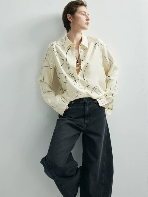 Women's Hand-Drawn Calla Lily Line Print Relaxed-Fit Silk Long-Sleeve Shirt – Mulberry Silk Office Blouse