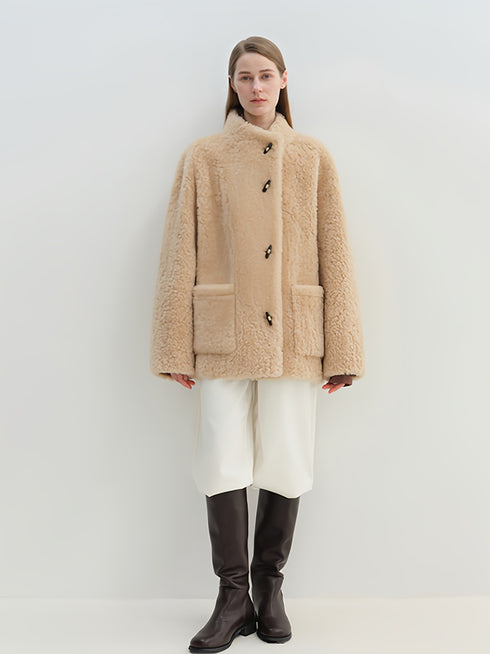 Stand-Collar Textured 100% Wool Shearling Coat for Women — Mid-Length Faux Sheepskin Outerwear