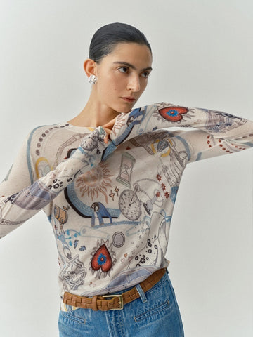 Colorful Hand-Painted Print Ultra-Soft Water-Soluble Wool Knit Sweater