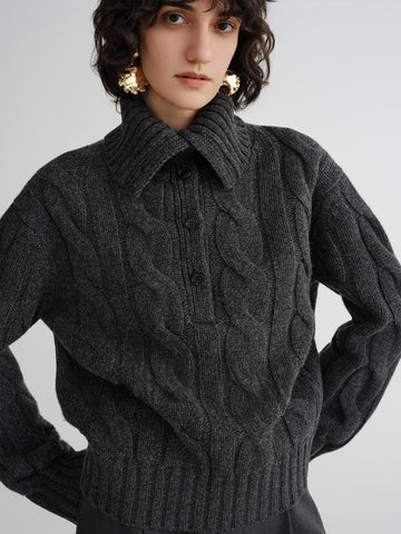 Sculptural Cable Knit Series Autumn/Winter Essential Pure Wool Yarn Chunky Knit Polo Sweater – Oversized Silhouette