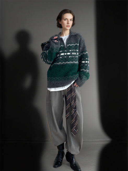 Women’s Gray-Green Fair Isle Wool Blend Sweater | Vintage Thick Knit Pullover for Fall