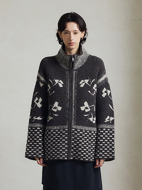 Women’s Wool-Blend Fair Isle Geometric Knit Sweater Jacket – Vintage Stand Collar Fall Winter Cardigan