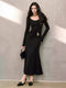 Shimmer Diamond-Twill A-Line Dress with Custom U-Neck and Metallic Pin Detai
