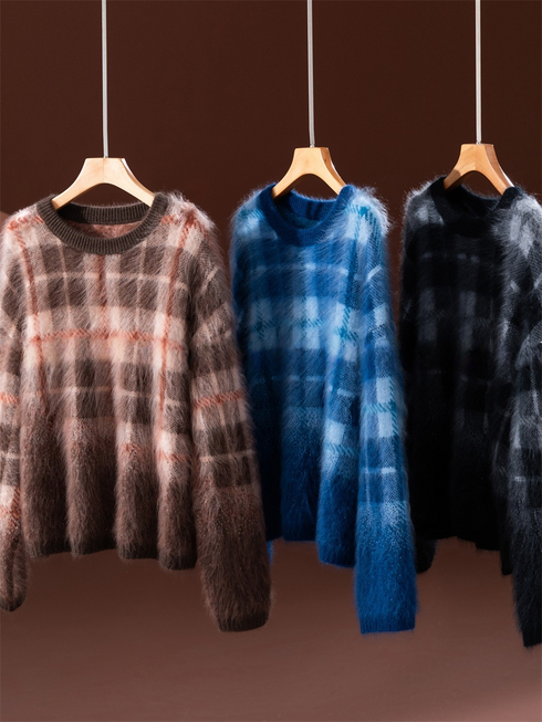 470g Thick Plaid Brushed Cashmere Sweater – Slimming, Wide-Fit Cozy Knit Top