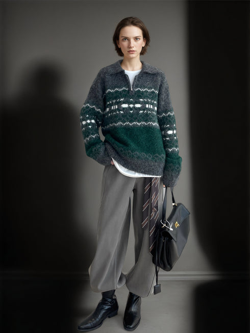 Women’s Gray-Green Fair Isle Wool Blend Sweater | Vintage Thick Knit Pullover for Fall