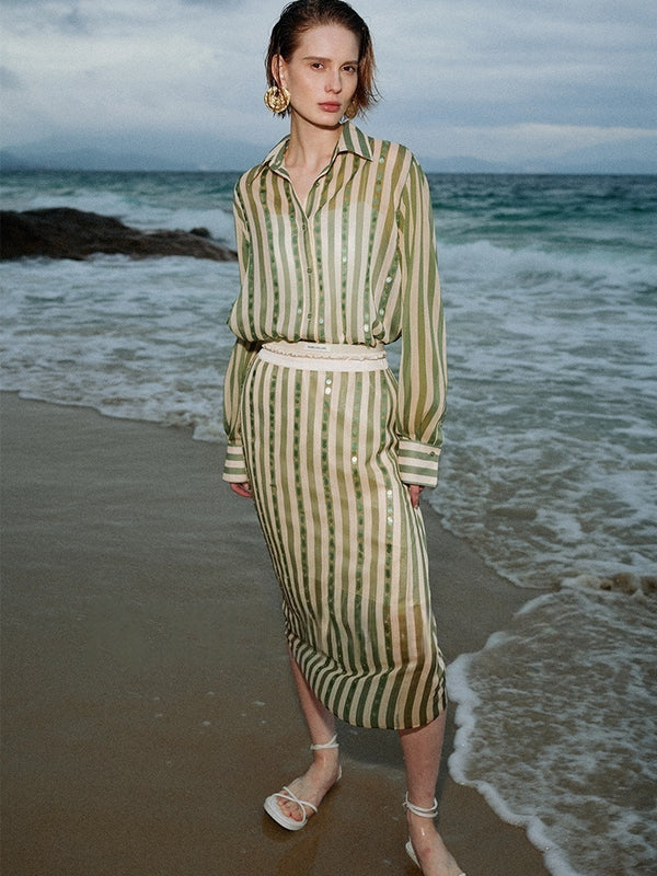 Ultra-Light 75D Chiffon Sequin-Striped Shirt & Skirt Set | Chic Work-to-Vacation Women's Outfit