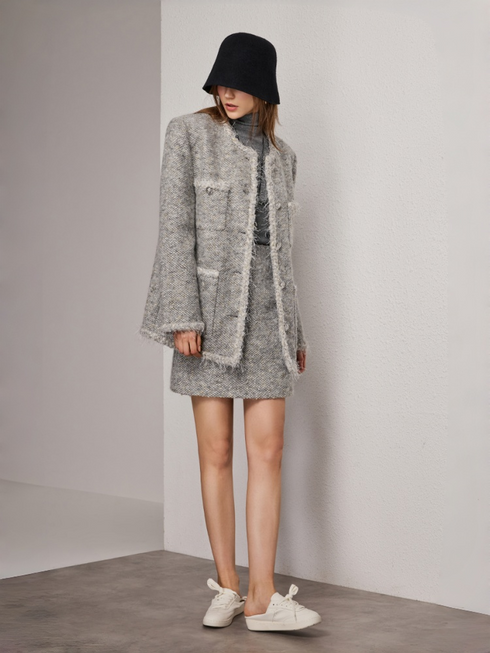 Women's Designer Wool Tweed Jacket with Fringe – Chic Spring Outerwear