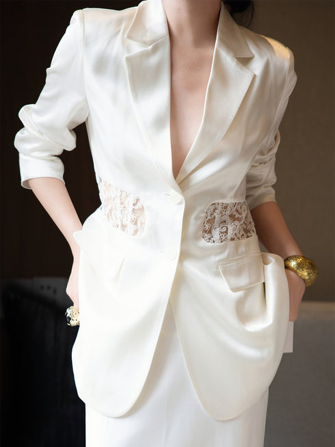 Haute Couture Women’s Suit Set – Autumn Heavyweight Acetate Lace Trim Blazer & Skirt Two-Piece