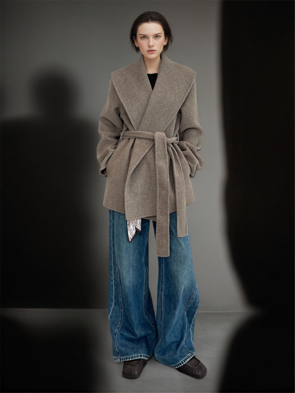 Wool Lyocell Wrap Coat for Women | Double-Faced Wool Overcoat with Lapel Collar, Relaxed Fit Winter Style