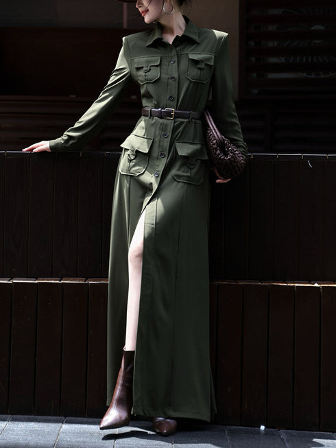 French Style Trench Coat Dress – Button Down Long Sleeve Autumn Casual Midi Dress for Women