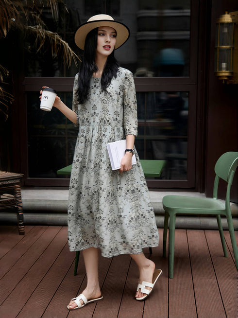 Luxury Silk-Linen Blend Dress – Floral Print, Effortlessly Elegant