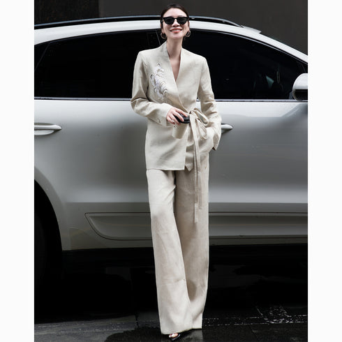 Haute Couture Linen Embroidered Tie-Waist Suit – Women’s Autumn Professional Two-Piece Set