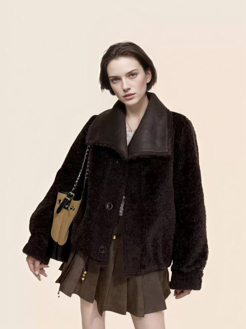 Reversible Suede-Finish Coat for Women – Faux Shearling Lined Winter Short Jacket with Lapel Collar