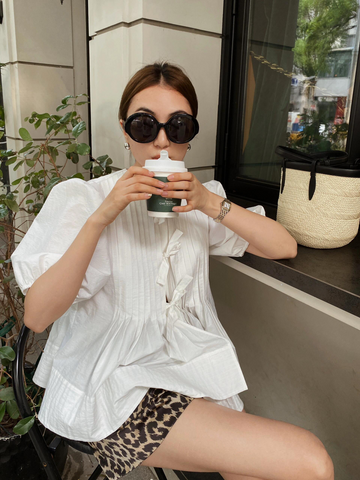 Women’s Cotton Puff Sleeve Top – French Bow Pleated Shirt, Casual Summer Commuter Style