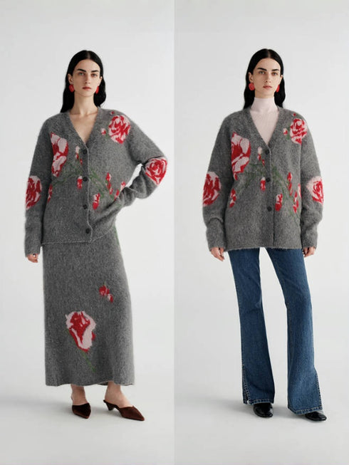 Luxury Alpaca Rose Jacquard Cardigan & Mermaid Skirt – Relaxed Fit (Sold Separately)