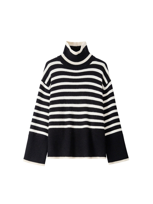 Rhythmic Stripe Wool Turtleneck Sweater – Nordic Relaxed Fit High-Neck Knit for Women