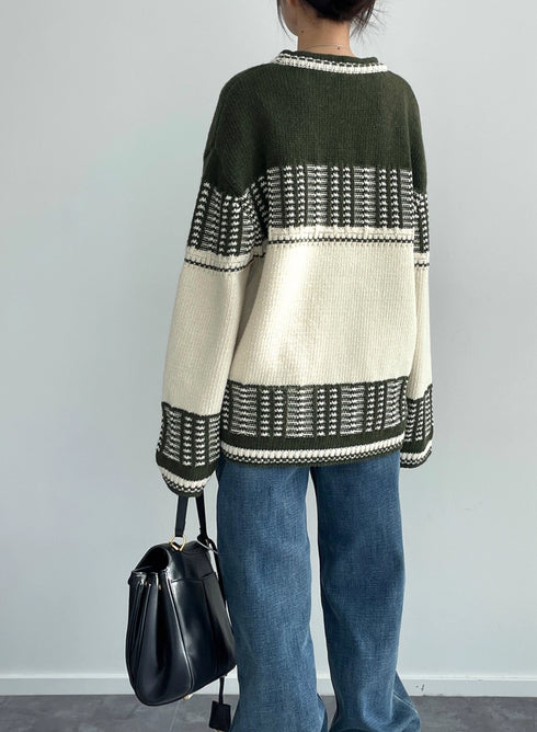 Women’s Mercerized Wool Fair Isle Knit Sweater | Color-Block Crew Neck Pullover