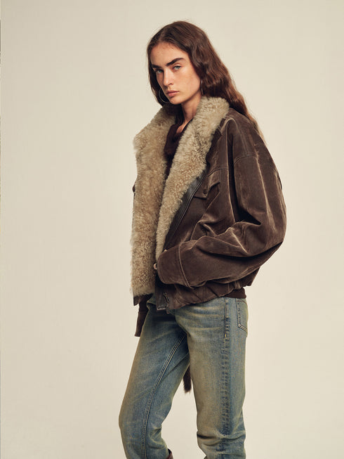 Detachable Wool-Collar Herringbone Sheepskin Parka – Camel-Wool Filled Winter Coat for Women