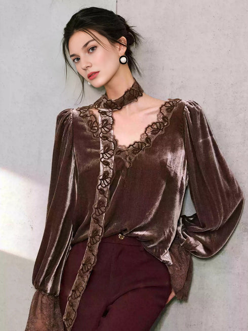 Soft Glow Silk Velvet Top – Eyelash Lace Trim, Tie-Neck Detail, Loose Fit Bell Sleeves