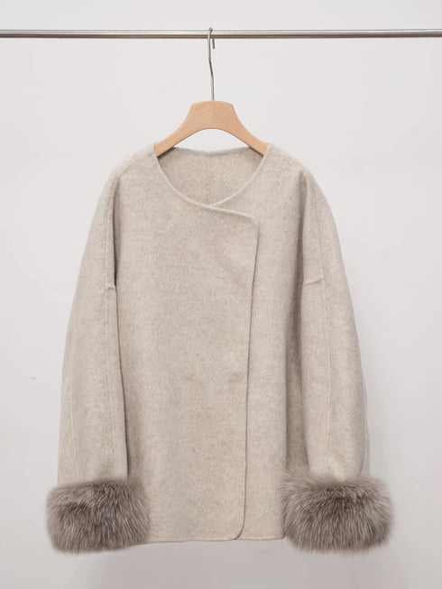 Women’s Short Double-Faced Wool Coat with Fox Fur Cuffs | Loose Fit Alpaca Blend Jacket