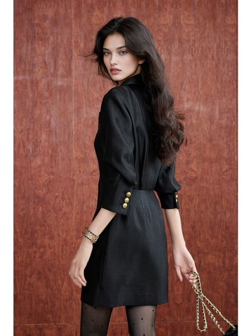Gold-Thread Iridescent Blazer Dress – Notched Lapel, 3/4 Sleeve, Single-Breasted Waist-Cinching Design