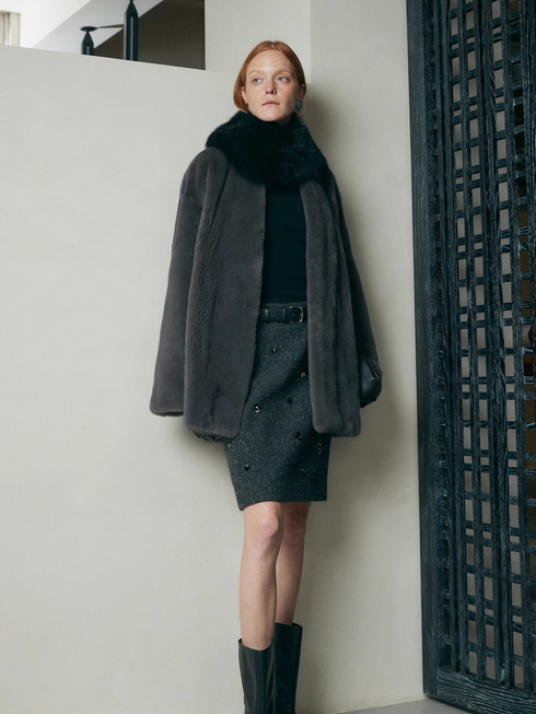 Australian Wool Blend Beaded Pencil Skirt – Hand-Embellished, Custom-Dyed Brown Woolen Midi Skirt