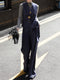 Old Money Style Women's Set – Autumn Navy Blue Slim Tie-Waist Vest & Wide-Leg Pants Two-Piece