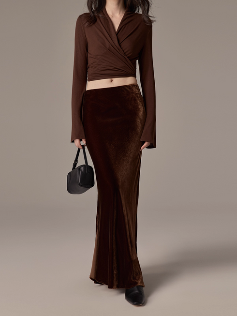 100% Silk Velvet Midi Skirt – French Vintage Slimming Mermaid Skirt with Side Slit