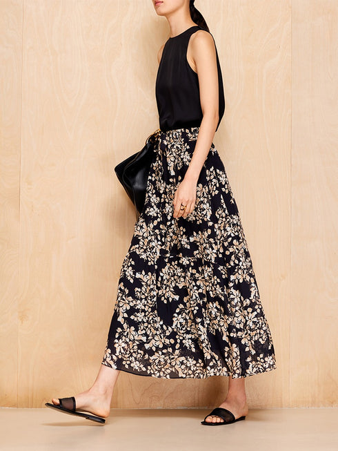 100%Mulberry Silk Floral Elastic Waist A Silk Over-the-Knee Mid-Length Skirt2025Spring and Summer