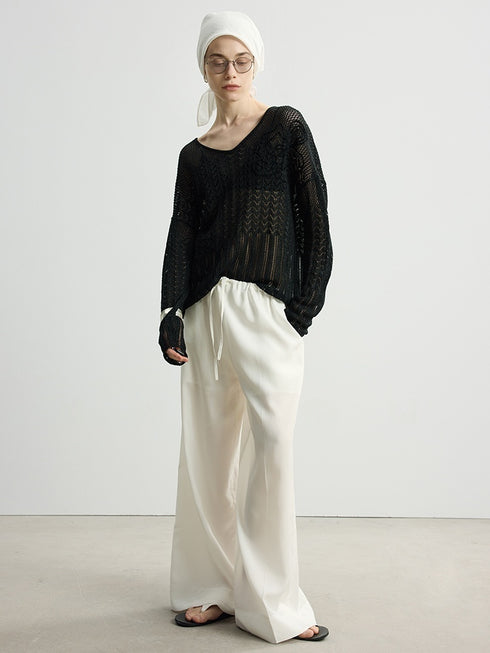 Cutout Thin Knit Cardigan & Sheer Crochet Blouse with Paper Yarn T-Shirt – Metal-Free Accessories