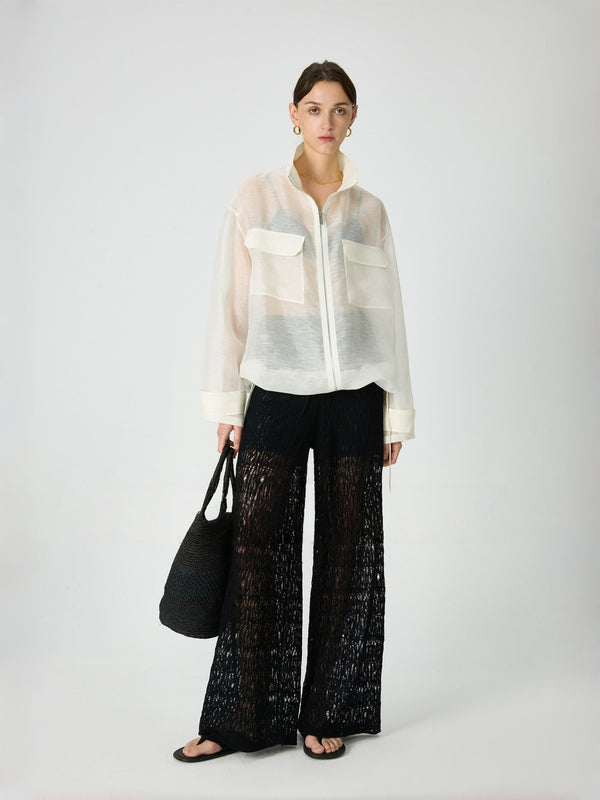 Airy Lace Knit Cotton Trousers – Fine Brushed Cotton, Relaxed Drawstring Silhouette