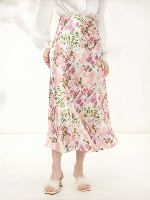 Mulberry Silk A-Line Skirt – High-Waisted Floral Print Design