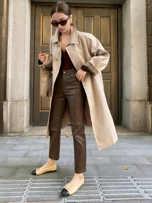 High-Waist Straight Lambskin Leather Pants – Genuine Leather, Versatile Fit