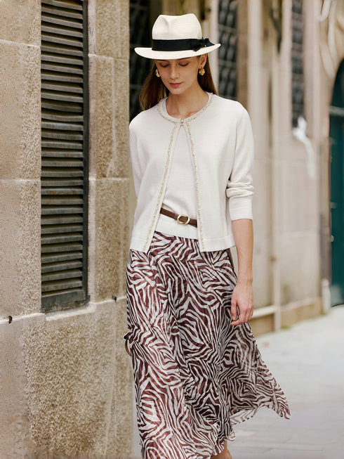 Mulberry Silk Zebra Print Midi Skirt – 6A Grade Draped Old Money Style