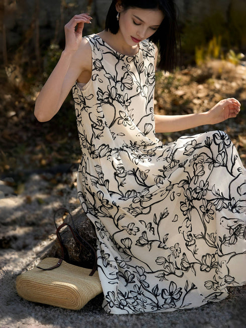 Ink-Dye Tencel Linen Sleeveless Dress – Loose Fit, Round Neck, Artistic Style